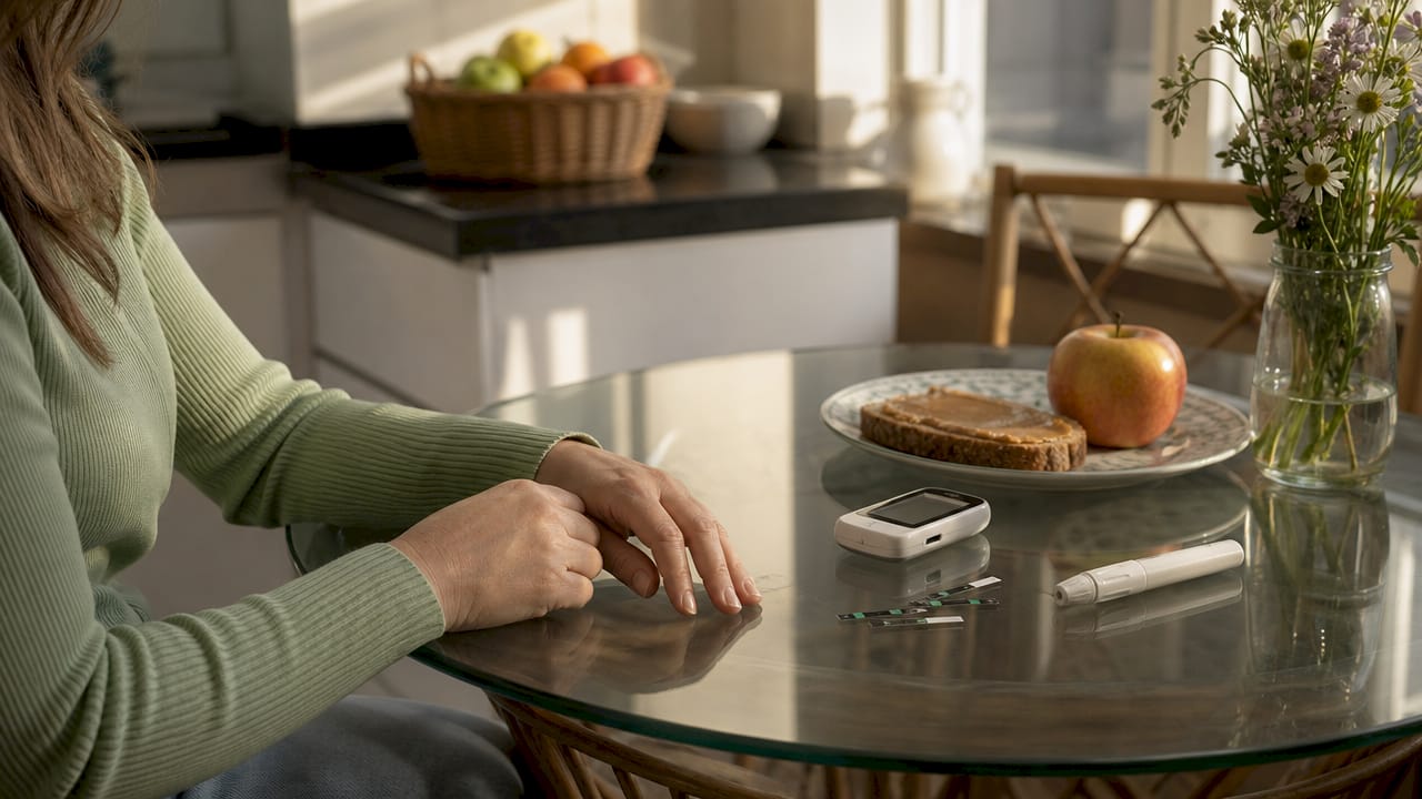 Hands near glucometer and apple on table