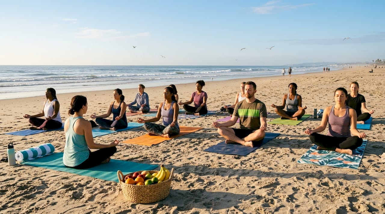 Outdoor diverse group yoga meditation session