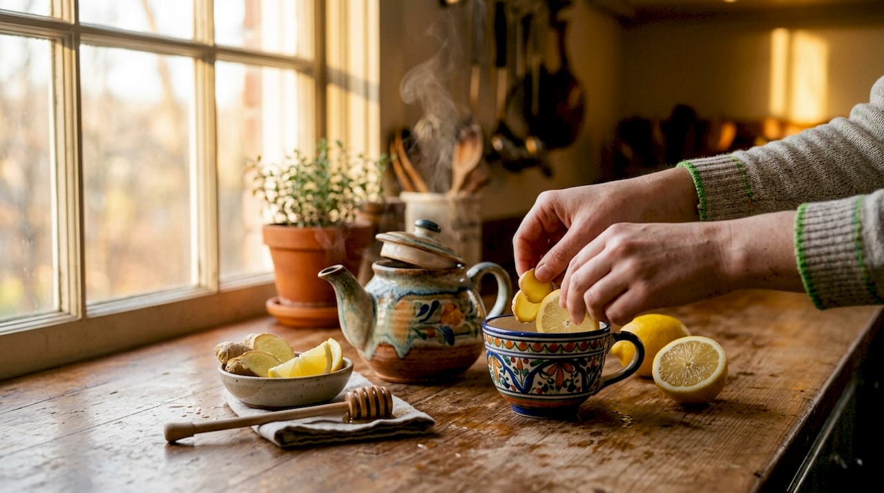 Hands pouring hot water over ginger tea