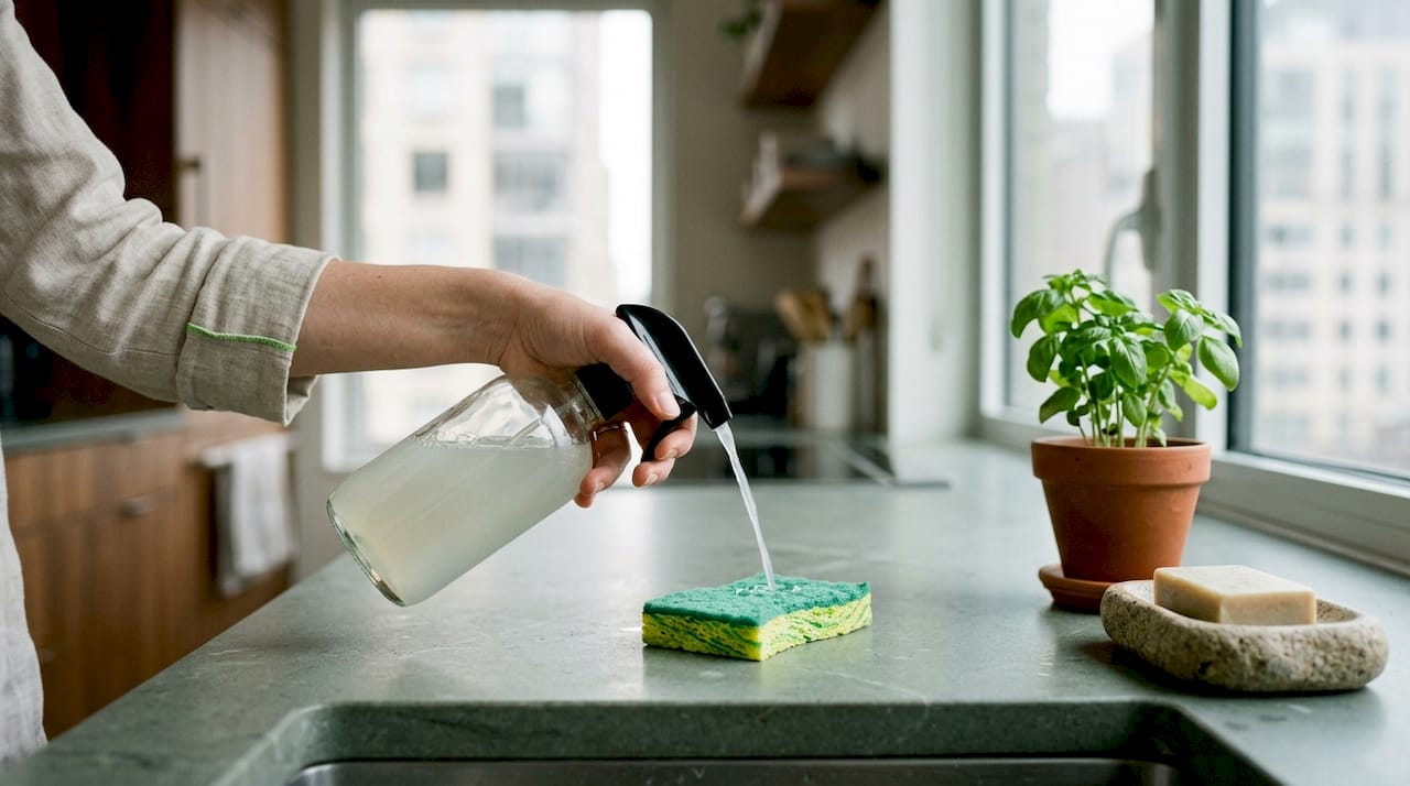 Hand pouring eco-friendly cleaning solution over sponge