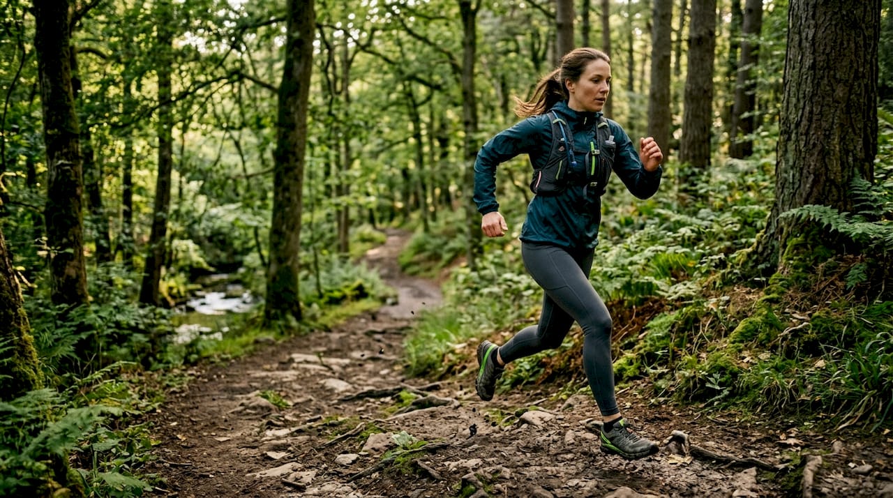 Woman running on uneven forest trail