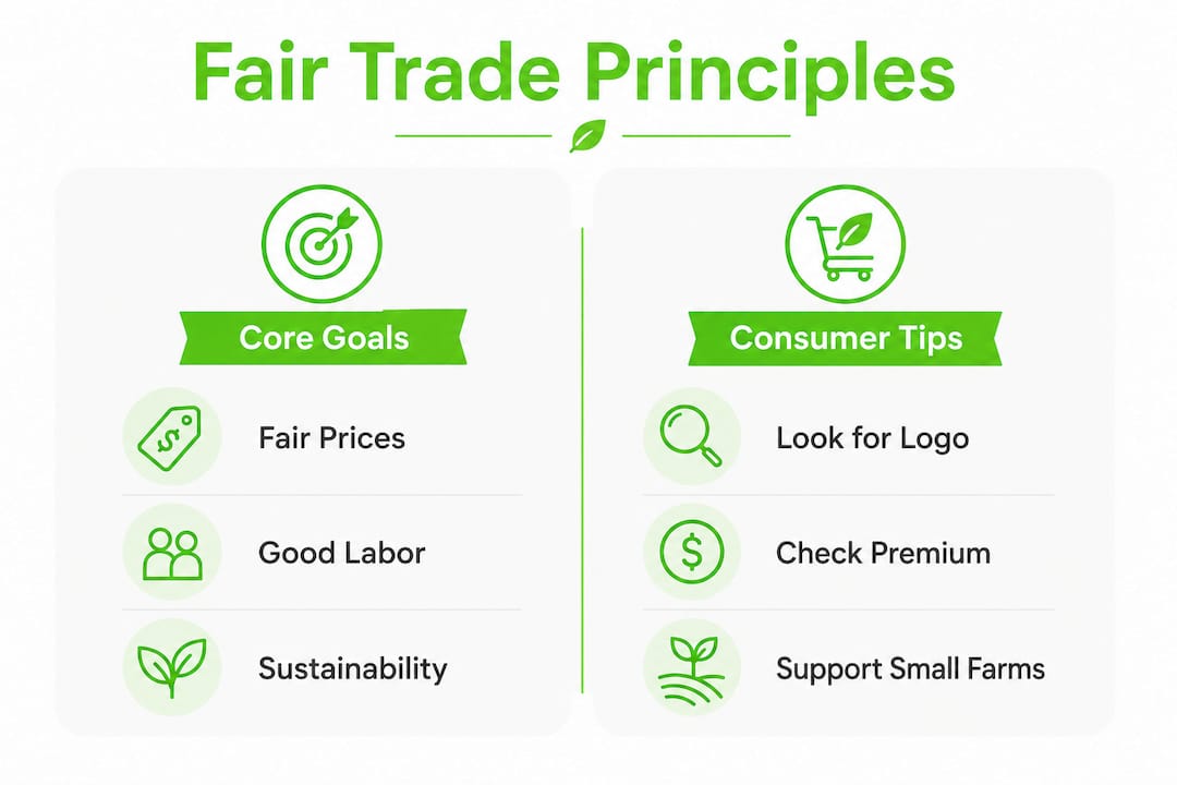 Infographic illustrating fair trade principles and consumer tips