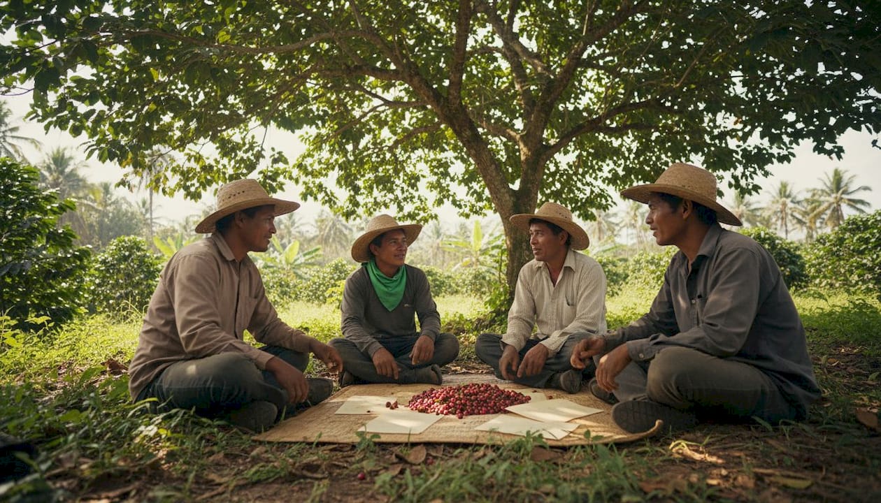 Fair trade coffee farmers discussing on tropical farm