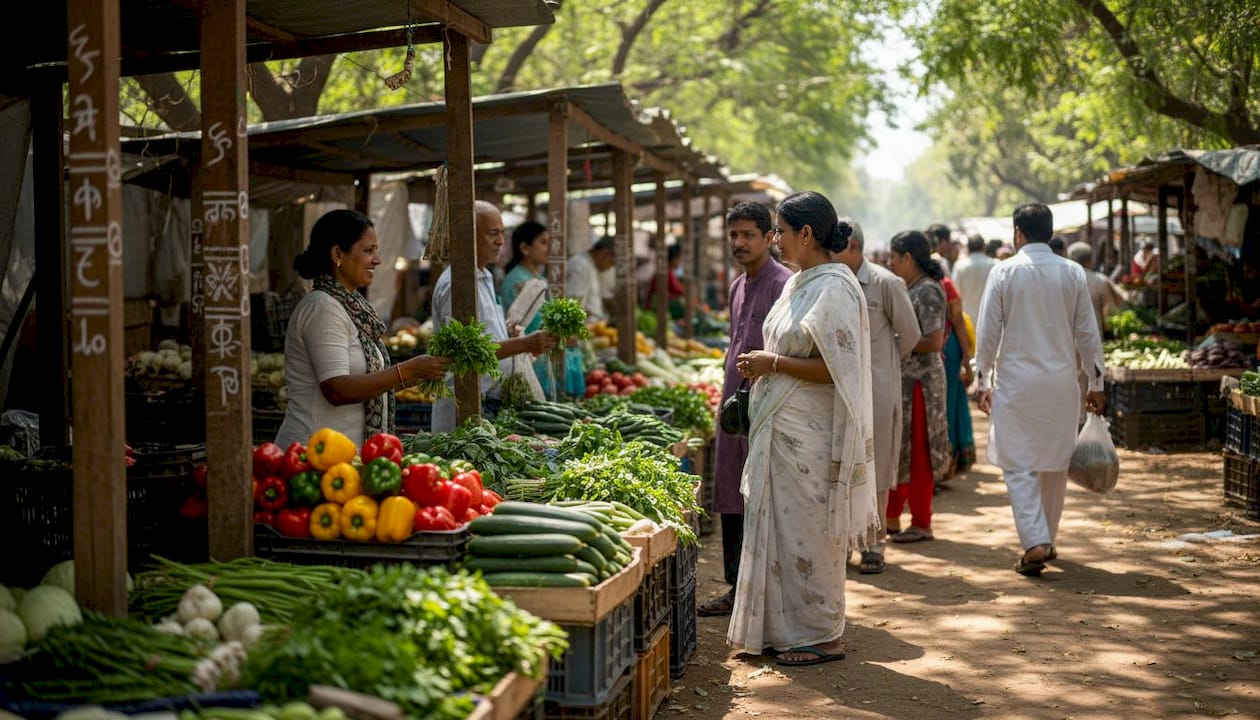 Wide view of weekly pesticide-free vegetable market in Delhi NCR