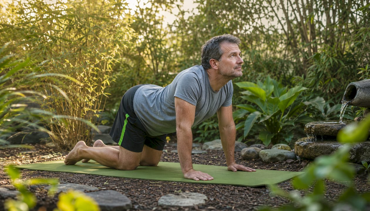 Man performing Cat-Cow yoga stretch at home