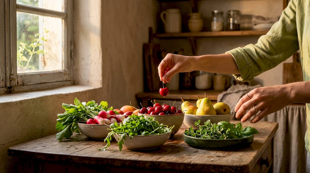 Hands picking fresh organic strawberries at home kitchen
