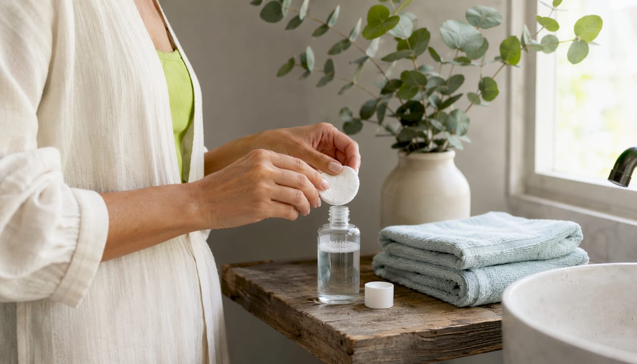 Hands preparing micellar water cotton pad