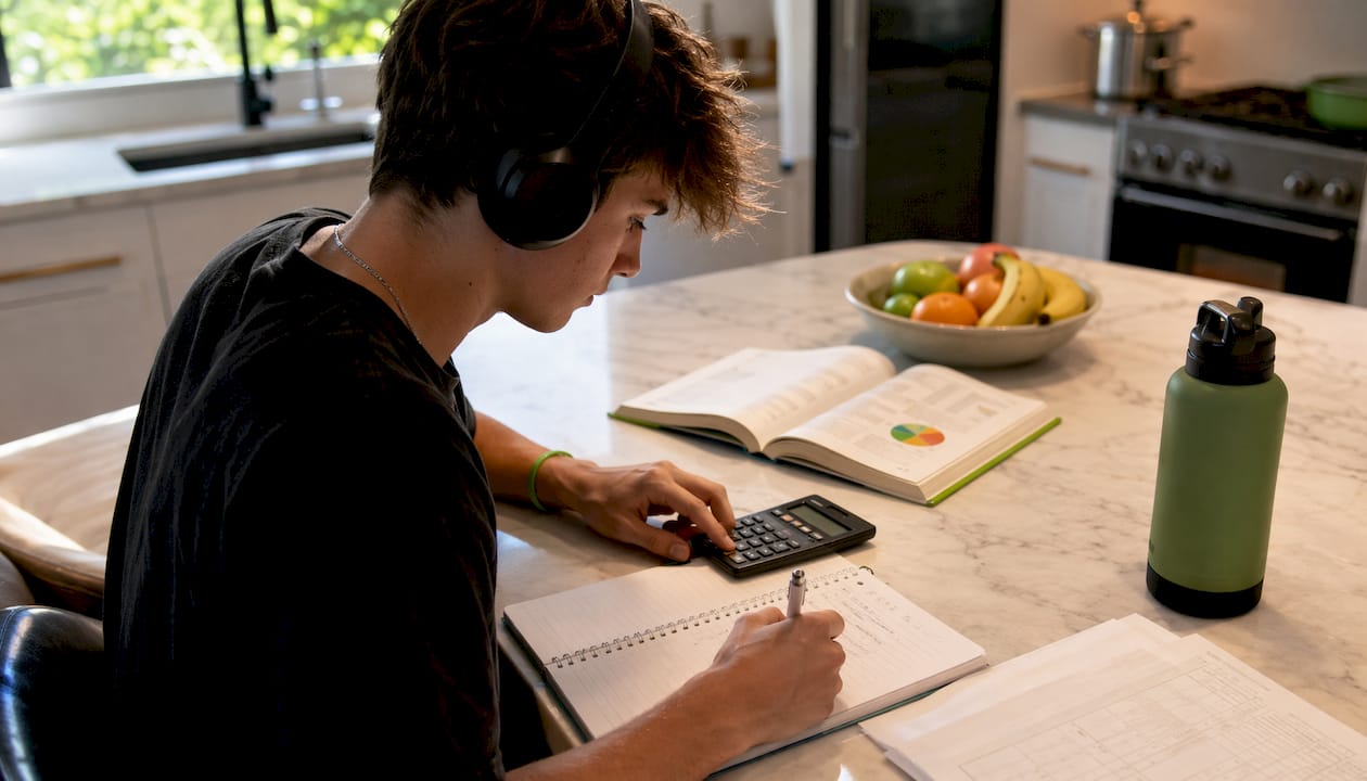 Teen calculating macro targets at desk