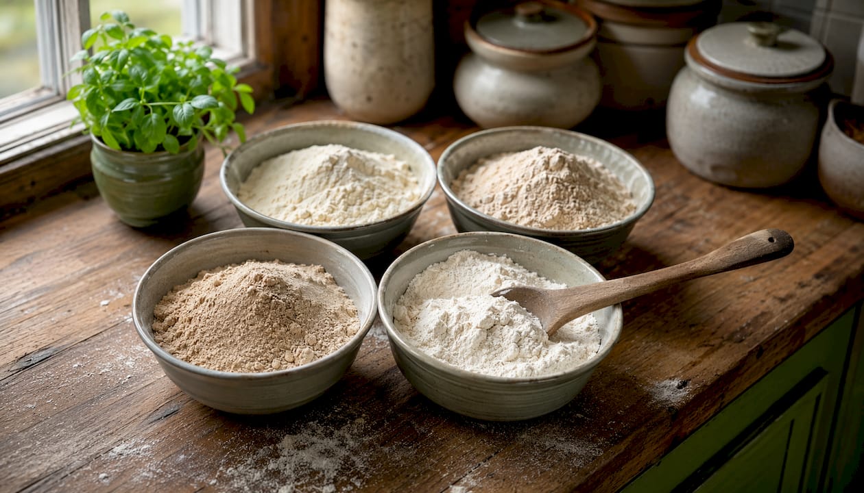 Various organic gluten free flours in bowls overhead
