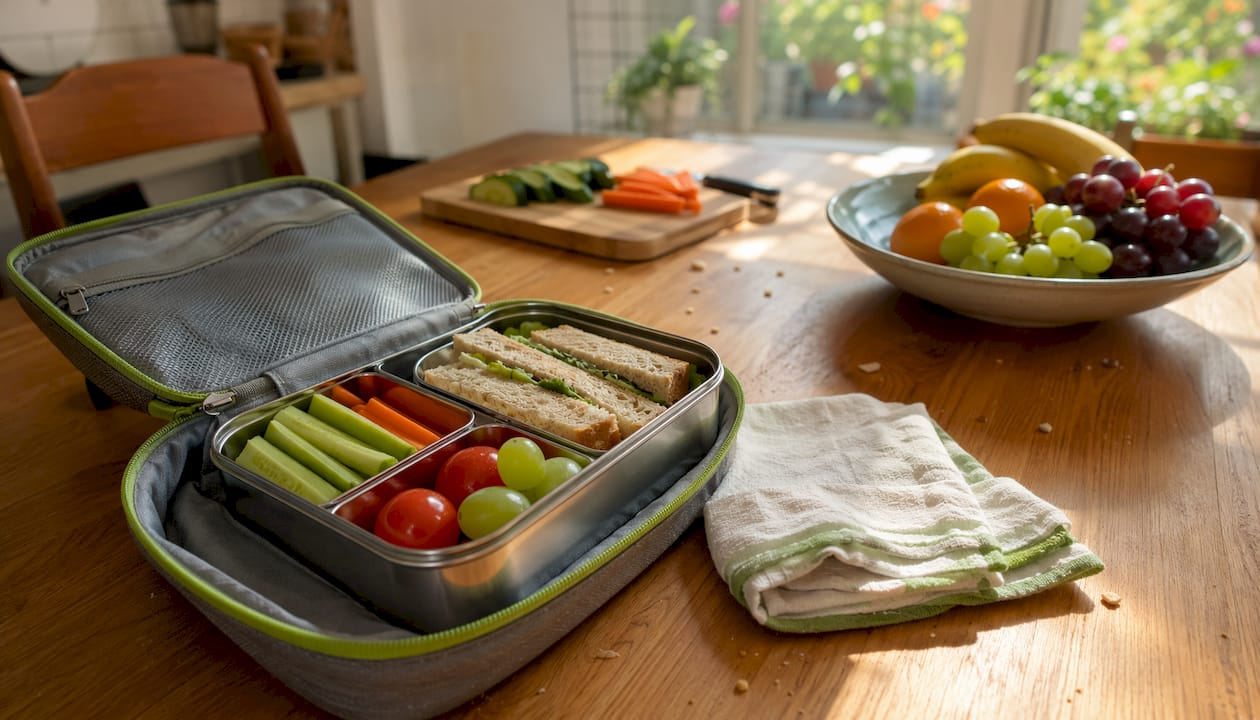 Overhead view of plastic-free packed lunch at home