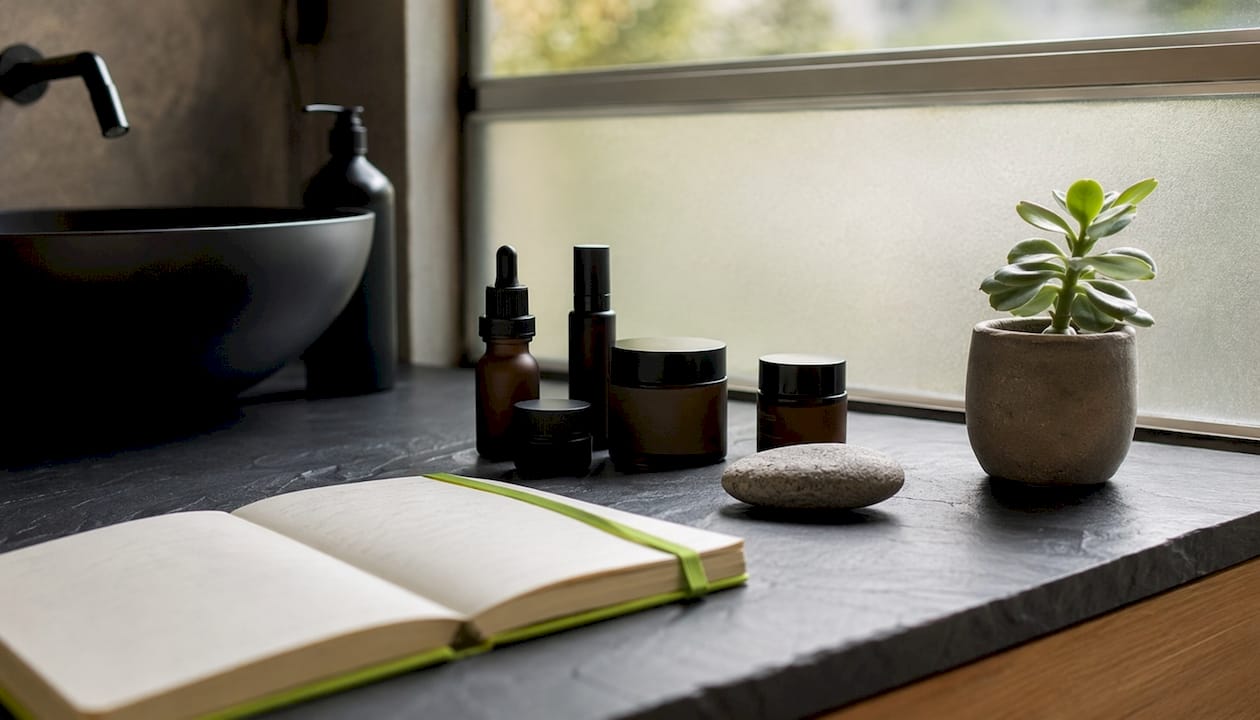 Overhead shot of skincare product audit setup