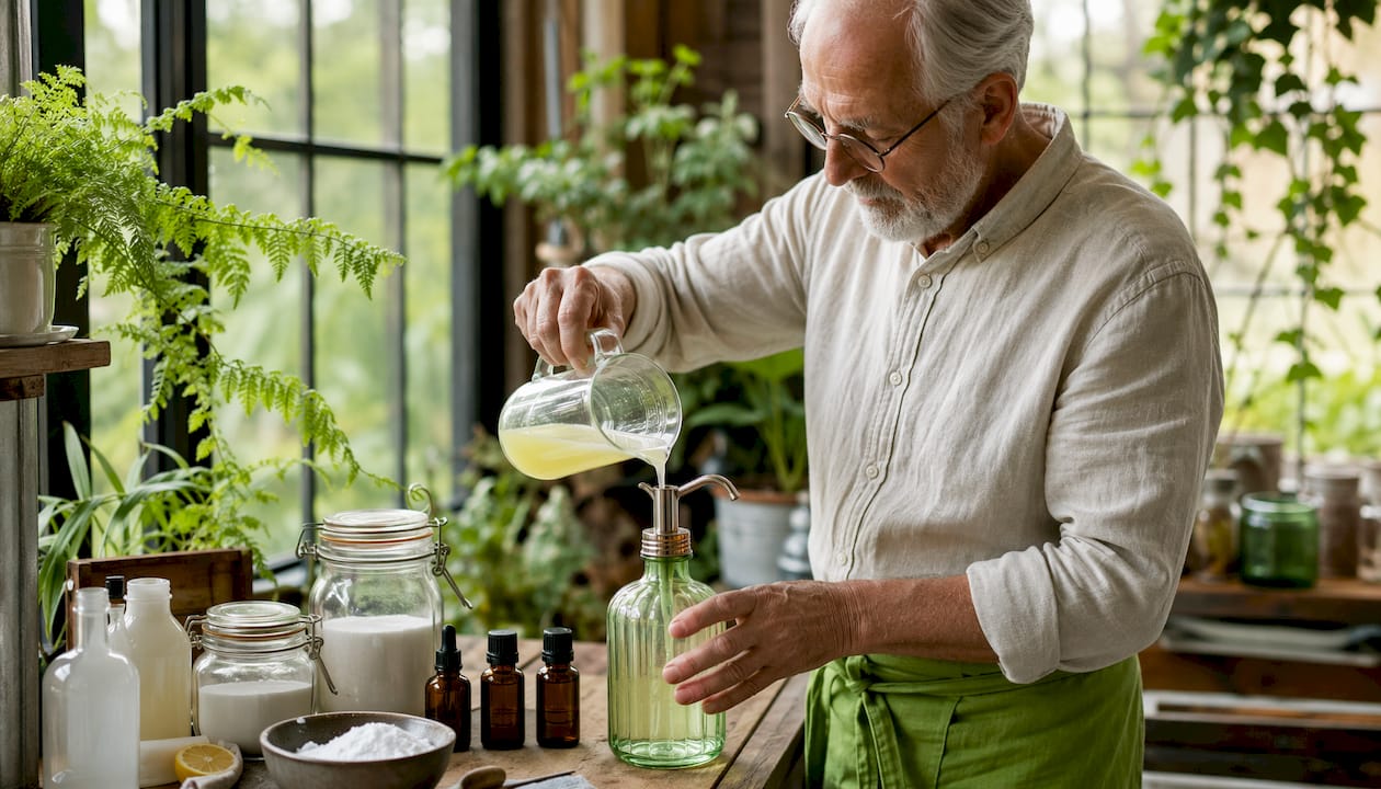 Man refilling reusable glass spray bottle