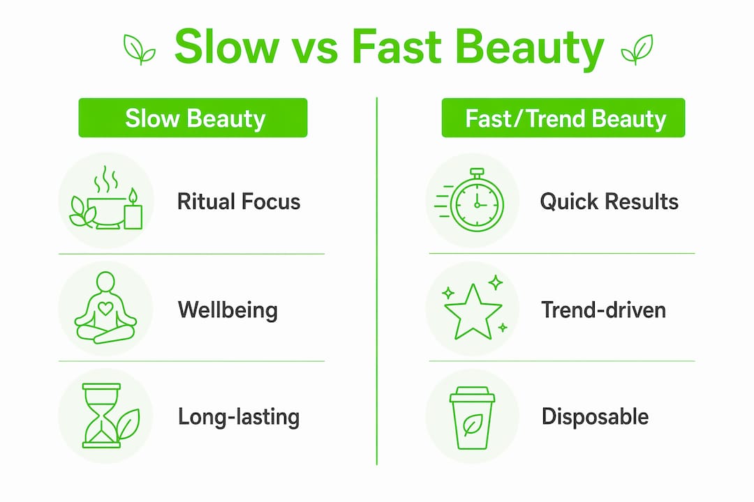 Infographic comparing slow beauty and fast beauty principles