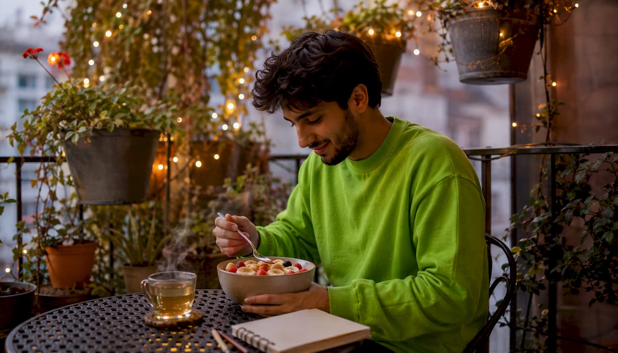 Man eating probiotic yogurt outdoors at cafe