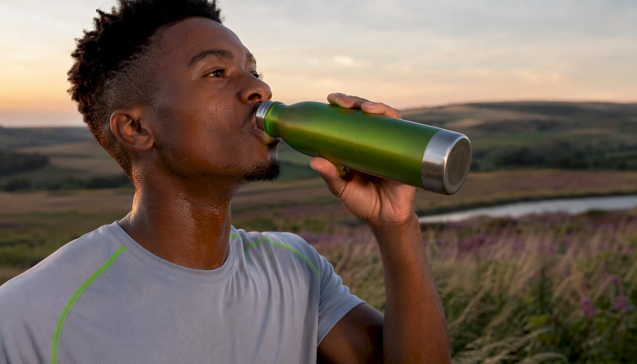 Young man hydrating after jog in park