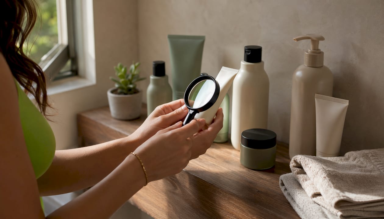 Hands inspecting ingredient list on bathroom products