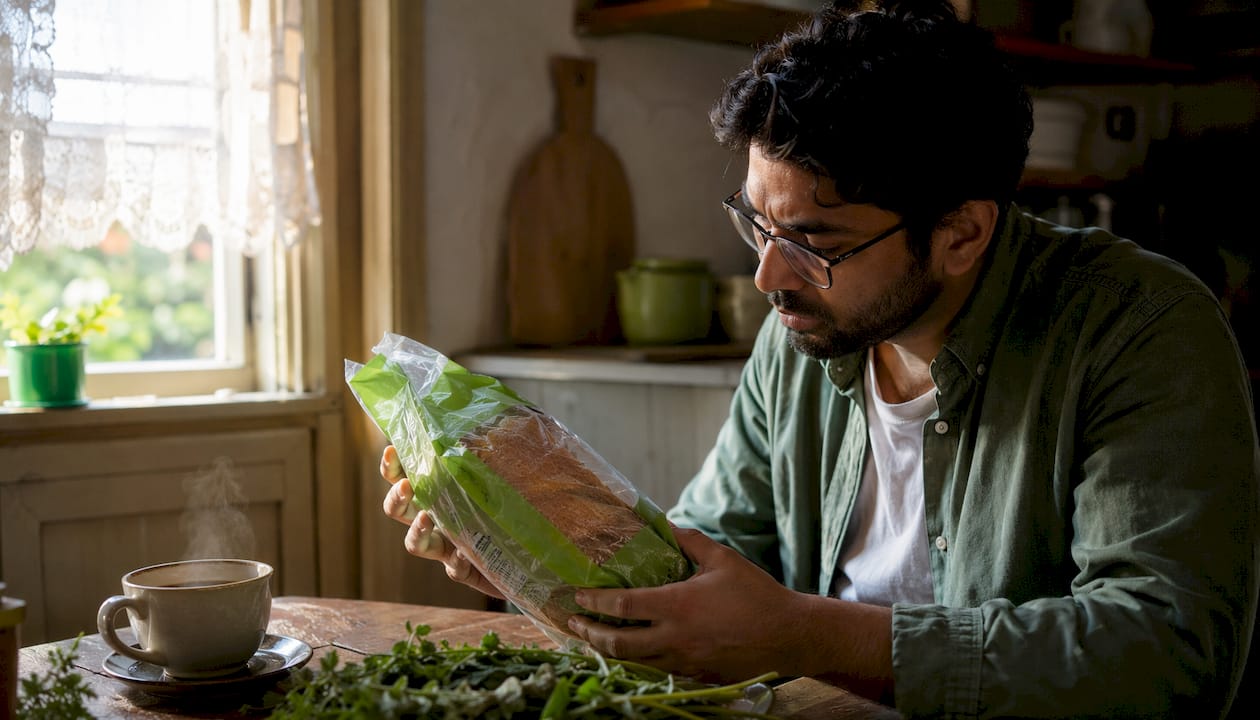 Man reading gluten-free bread ingredient label