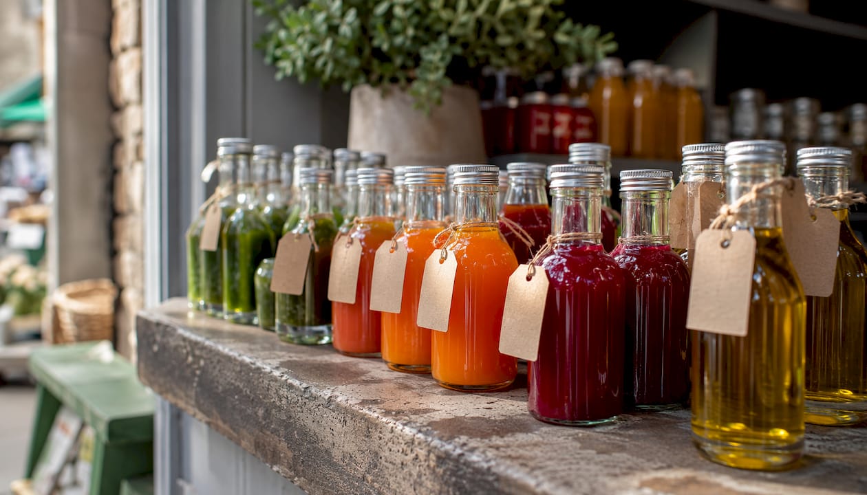 Close-up of assorted cold pressed juices and oils