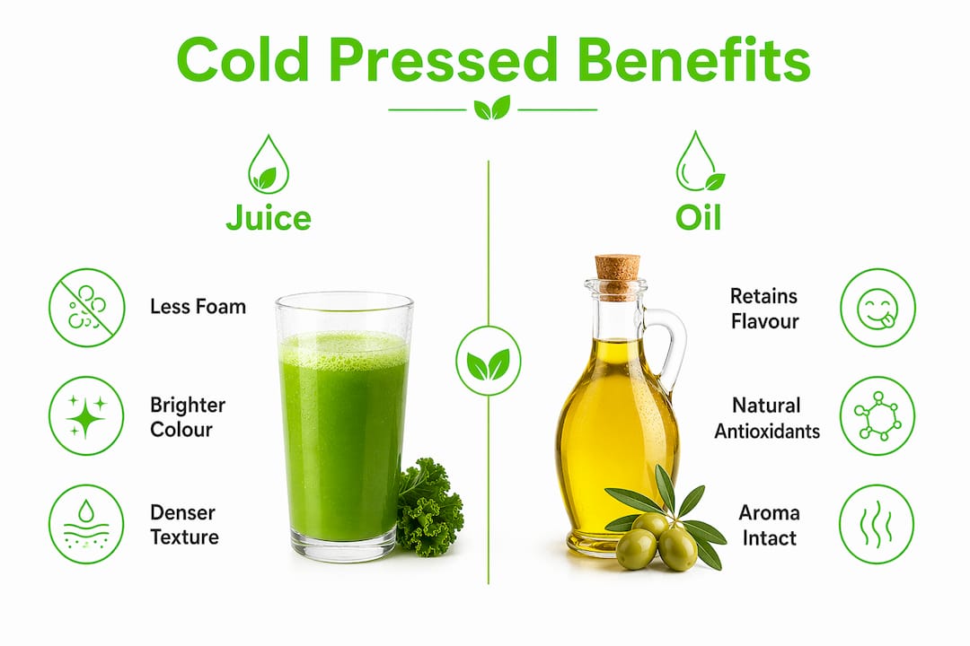 Infographic comparing cold pressed juice and oil benefits