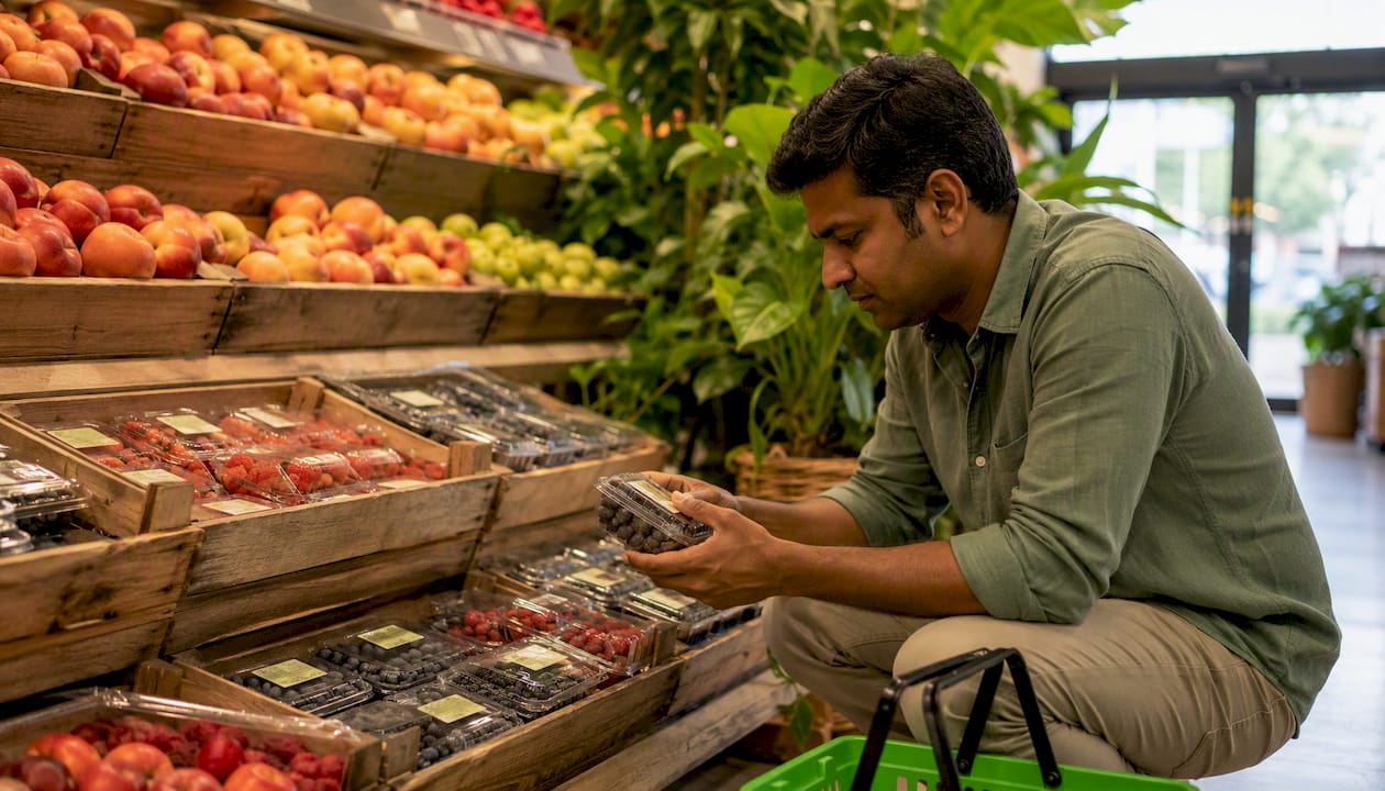 Shopper choosing organic fruit in supermarket aisle