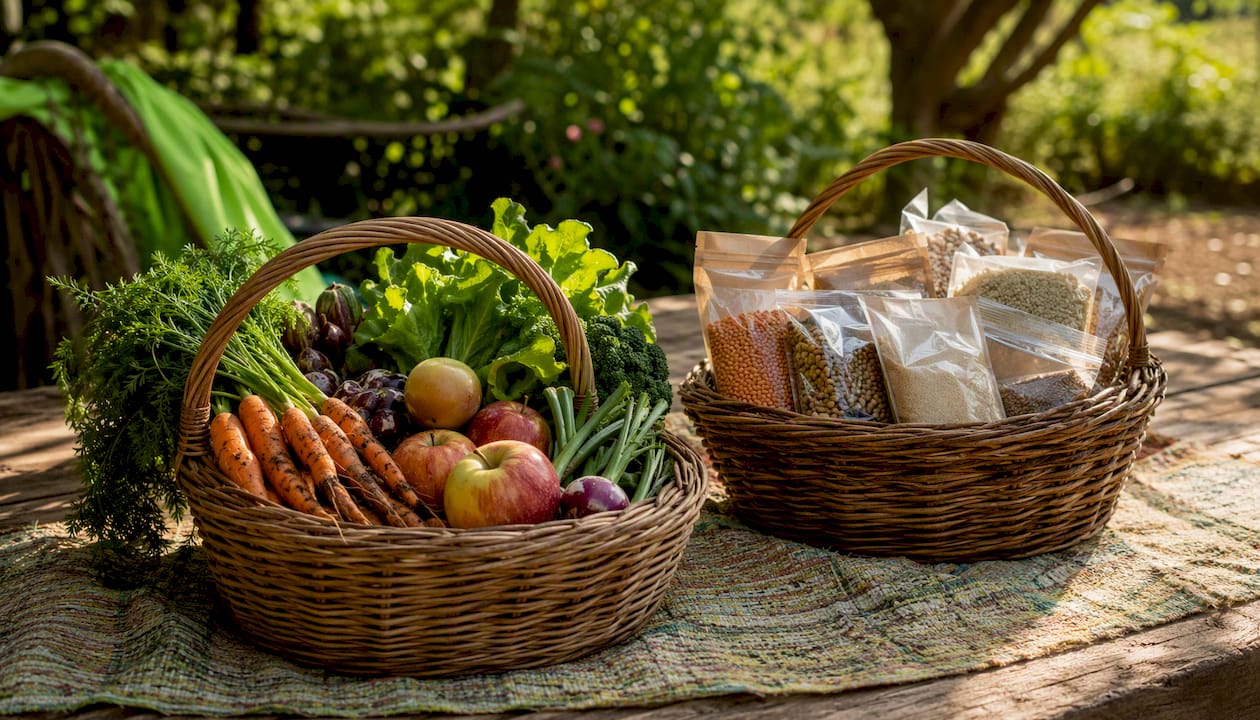 Overhead view of organic and non-GMO shopping baskets