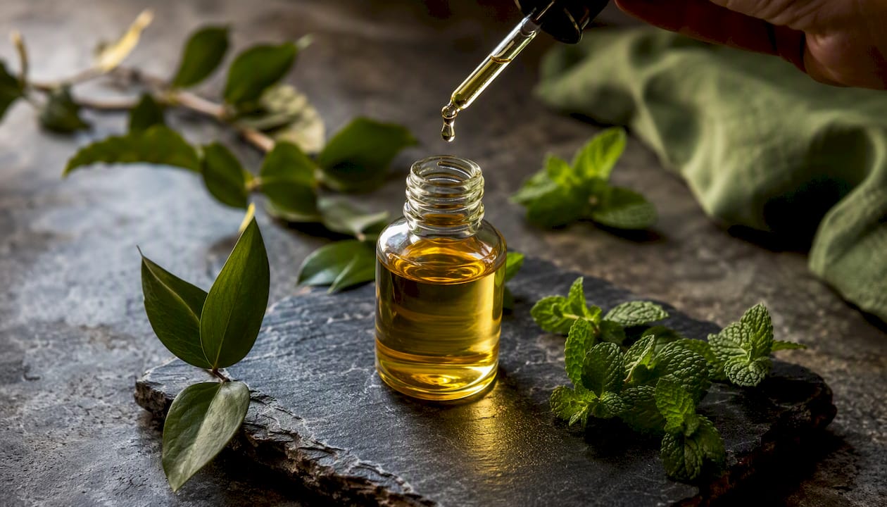 Jojoba oil dropper with rosehip fruits