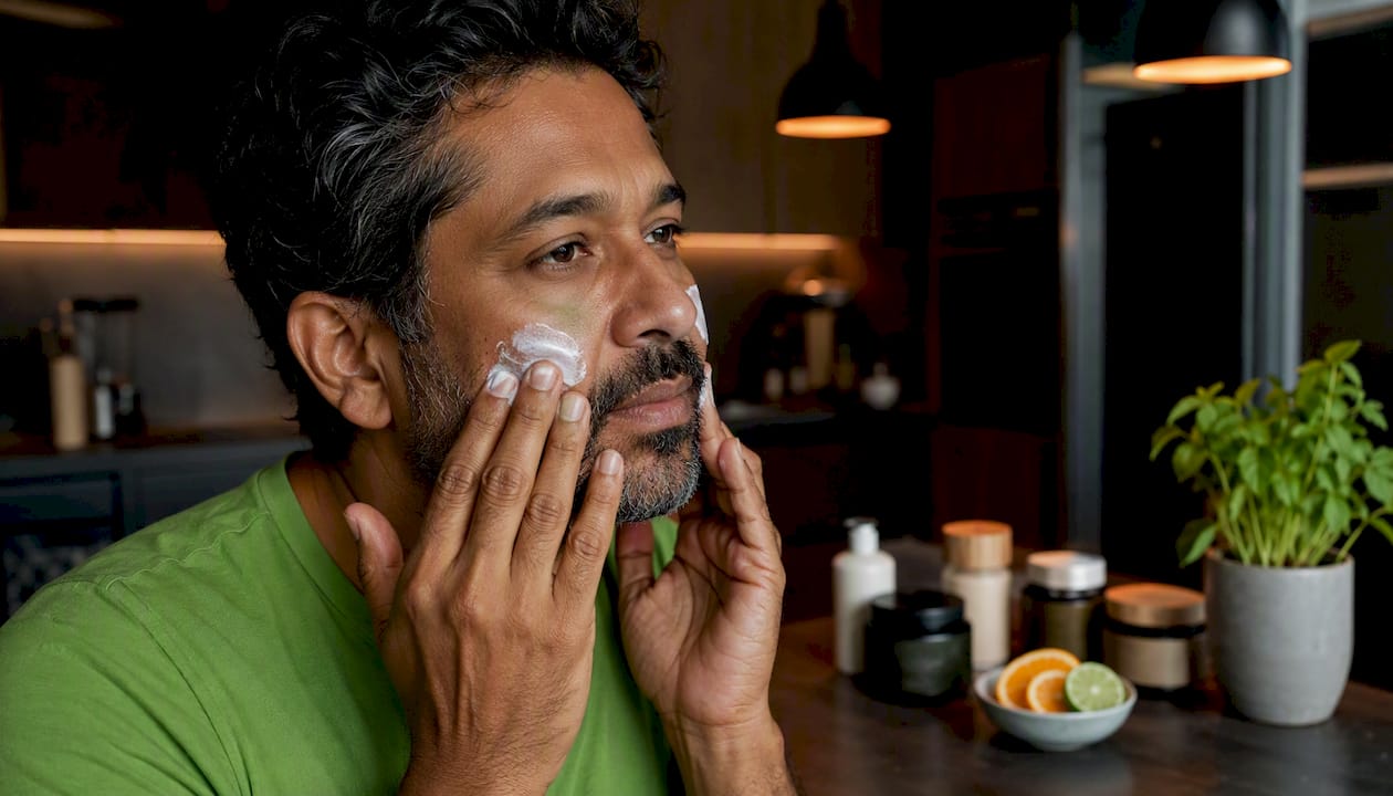 Man applying mineral sunscreen in bathroom