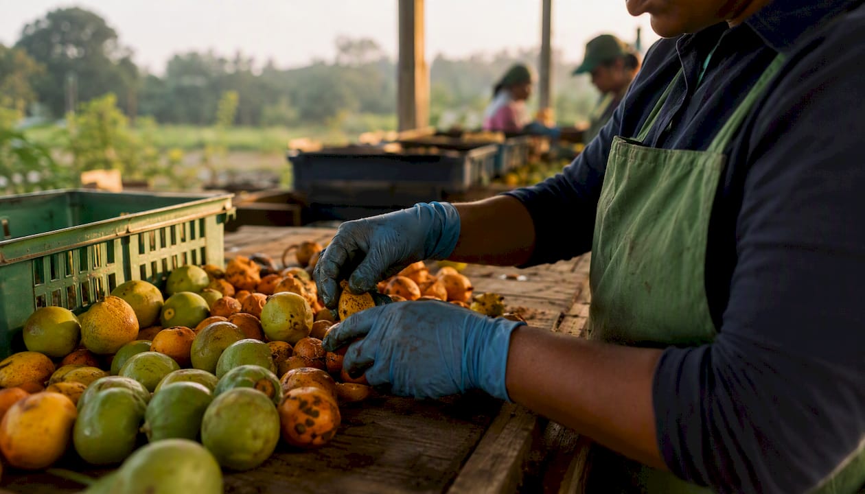 Workers sorting organic produce in food facility
