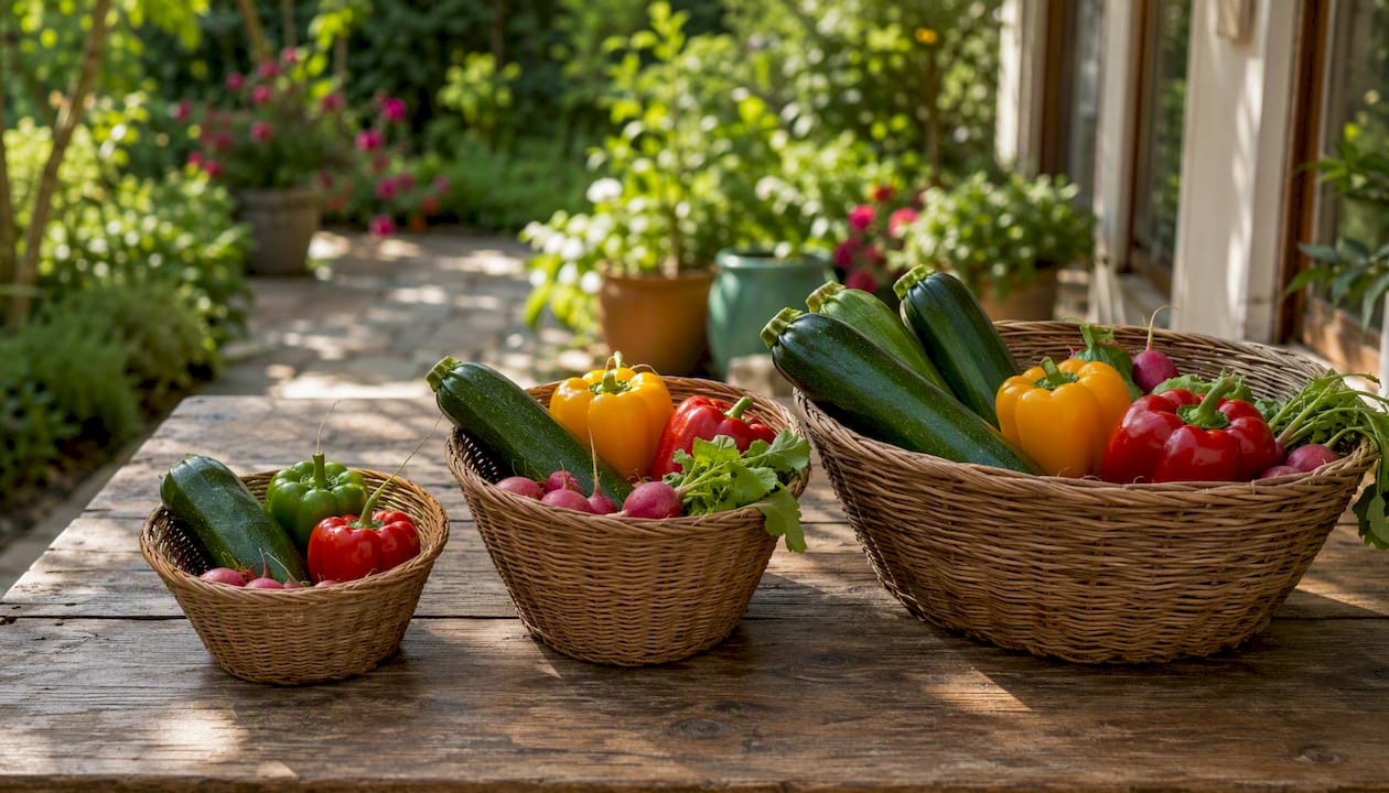 Three bowls with organic vegetables showing portion sizes
