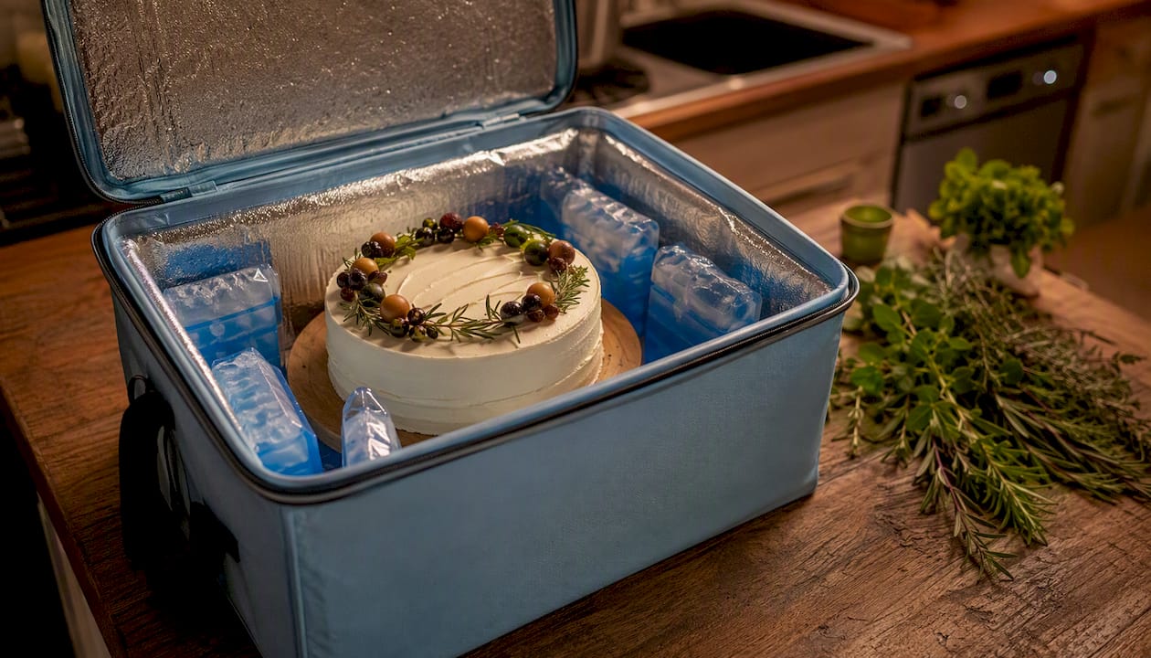 Insulated delivery box with dairy-free cake