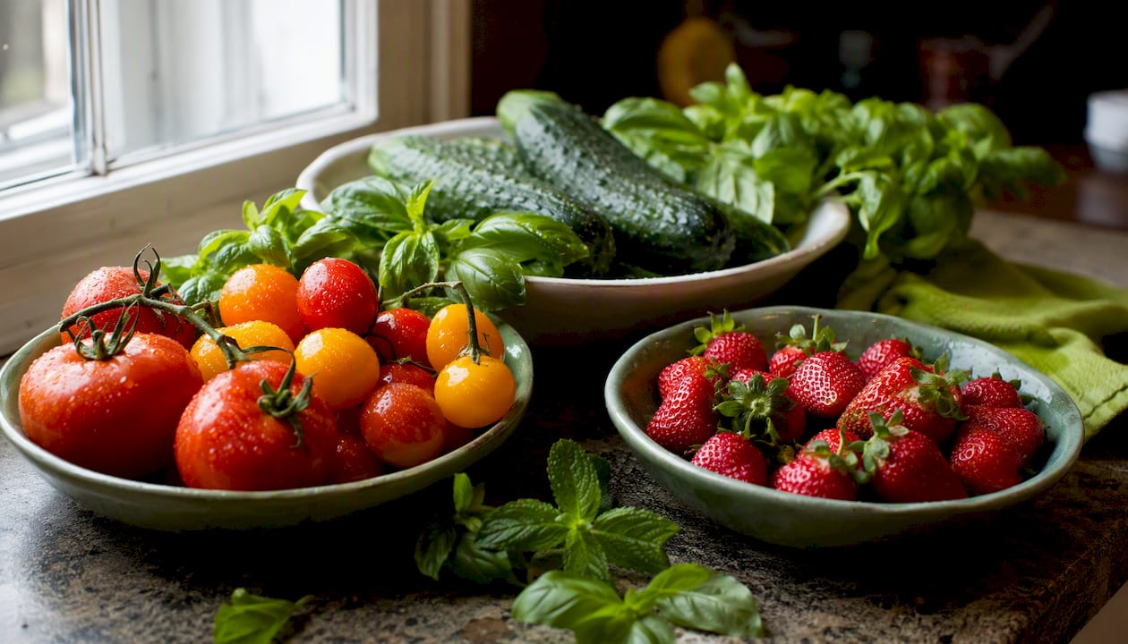 Bowls of fresh organic produce