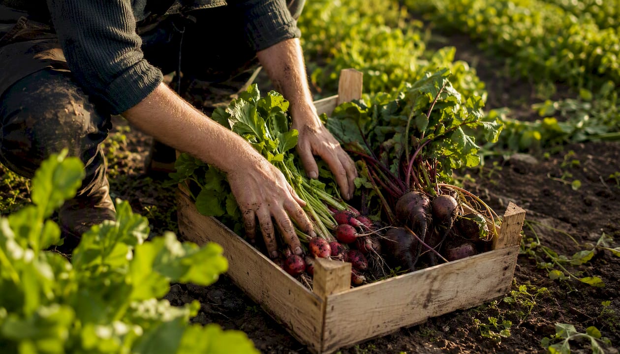 Harvesting fresh seasonal vegetables on UK organic farm