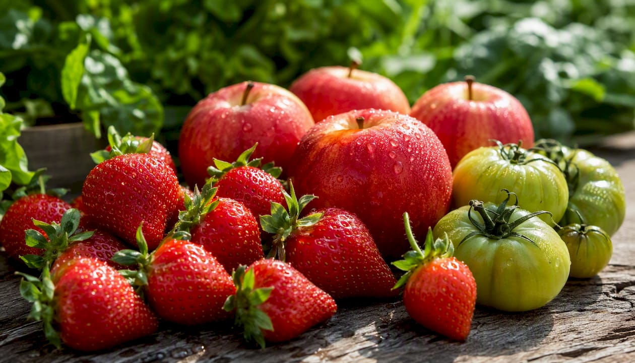Close-up of high-pesticide organic fruits and vegetables