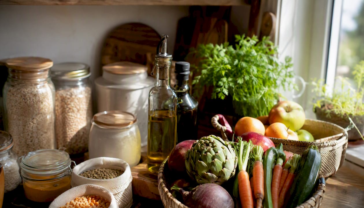 Organic pantry items beside fresh produce