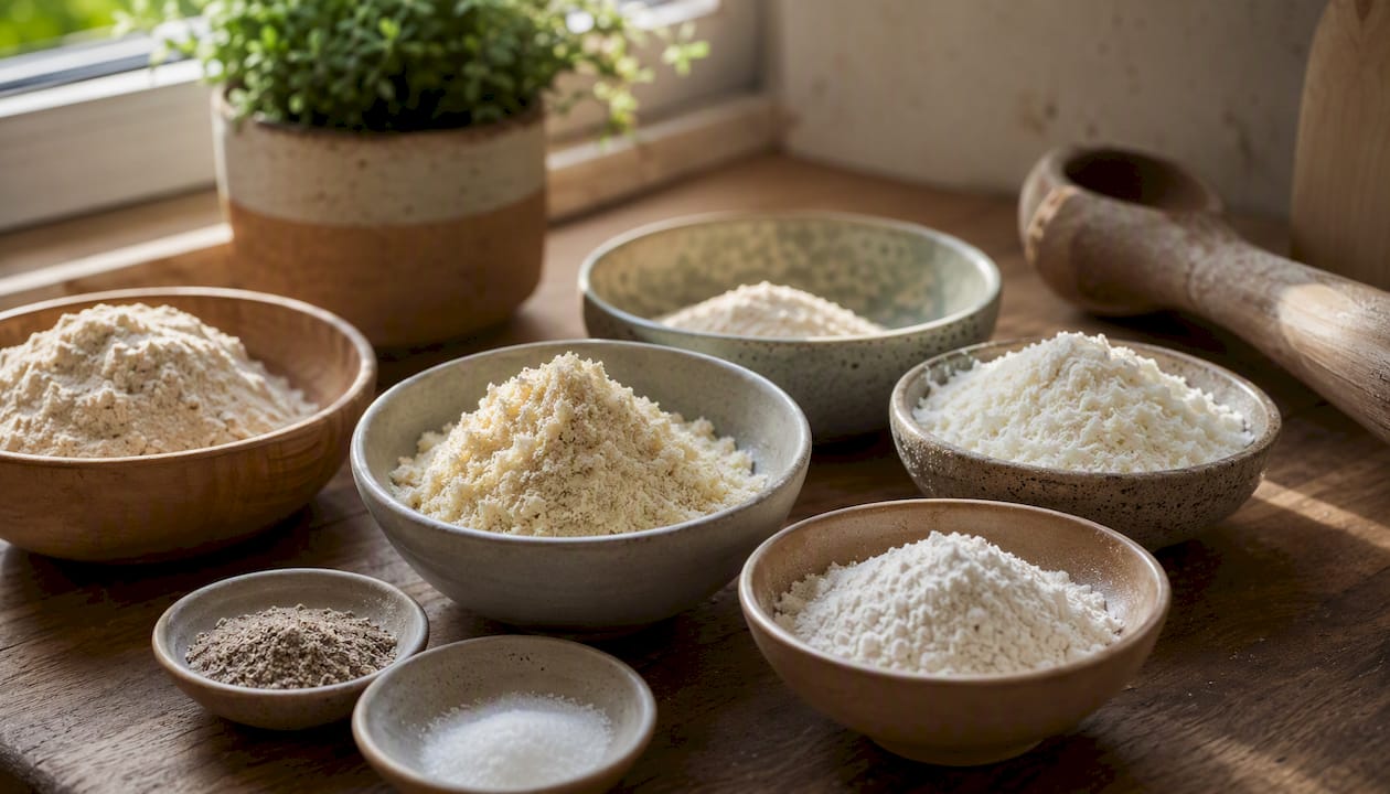 Bowls of gluten-free flours and binders