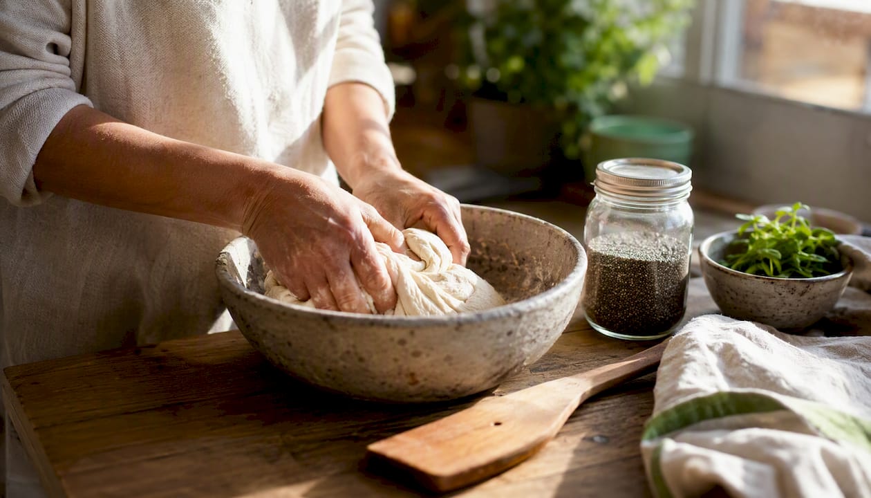 Hands mixing gluten-free bread dough at home