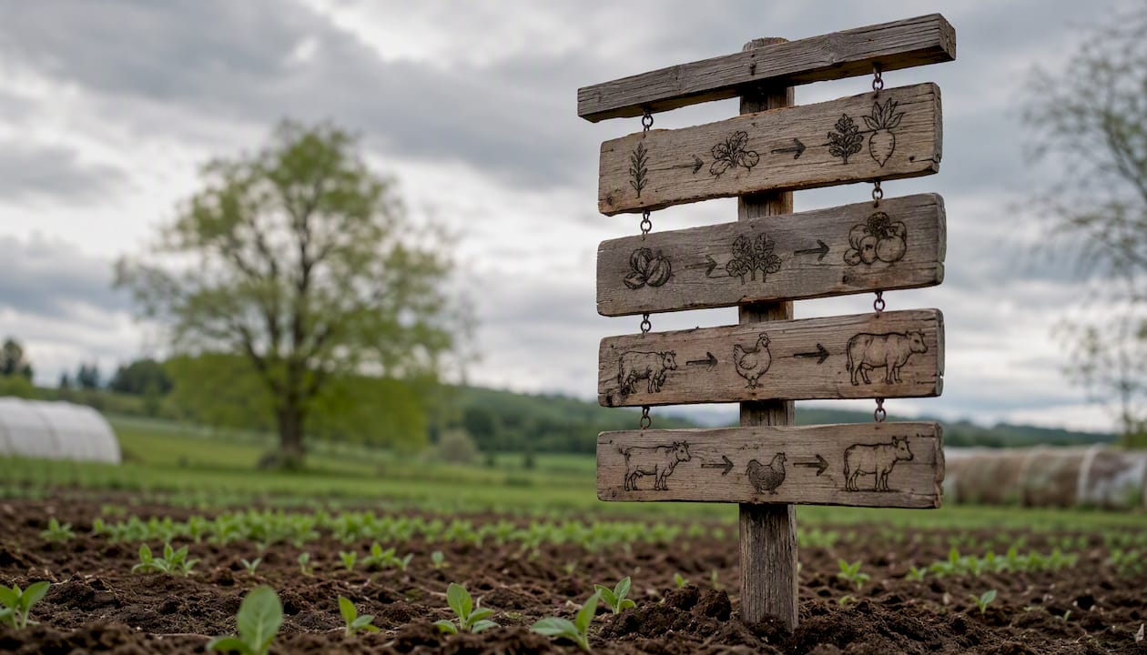 Rustic farm signpost showing transition periods