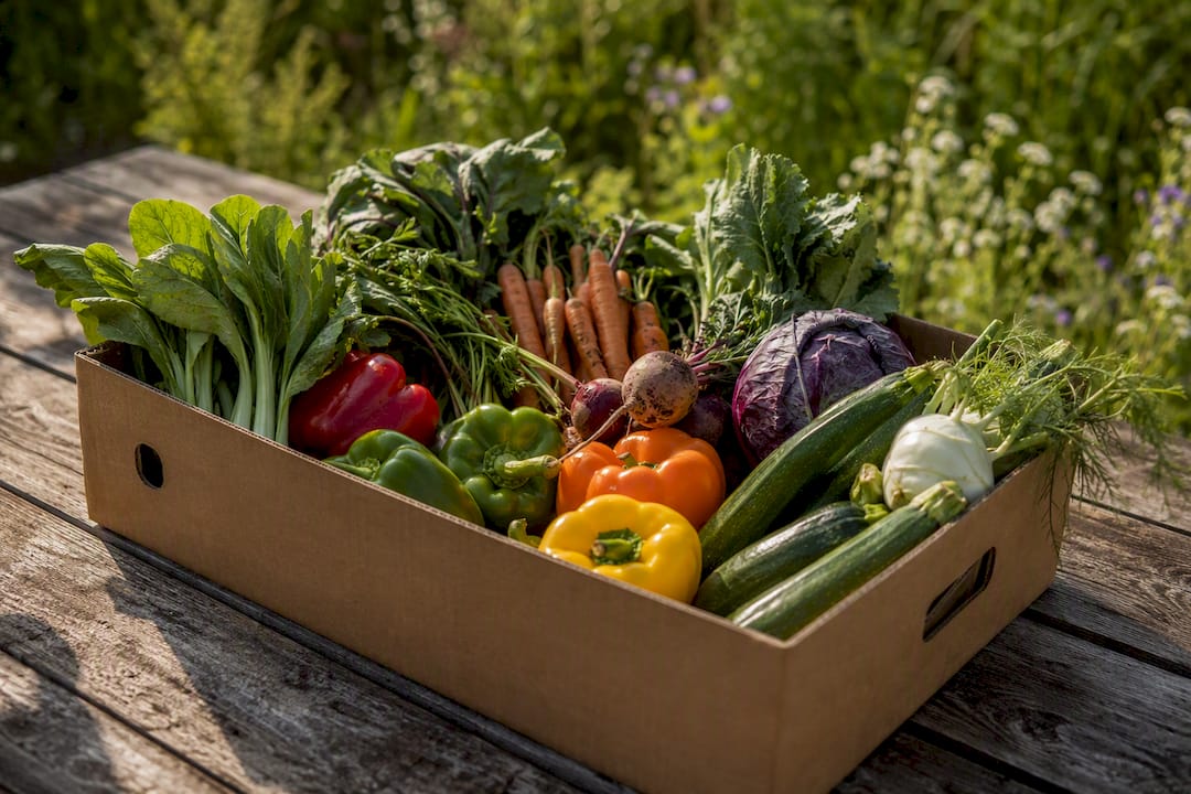 Assorted fresh organic vegetables in box