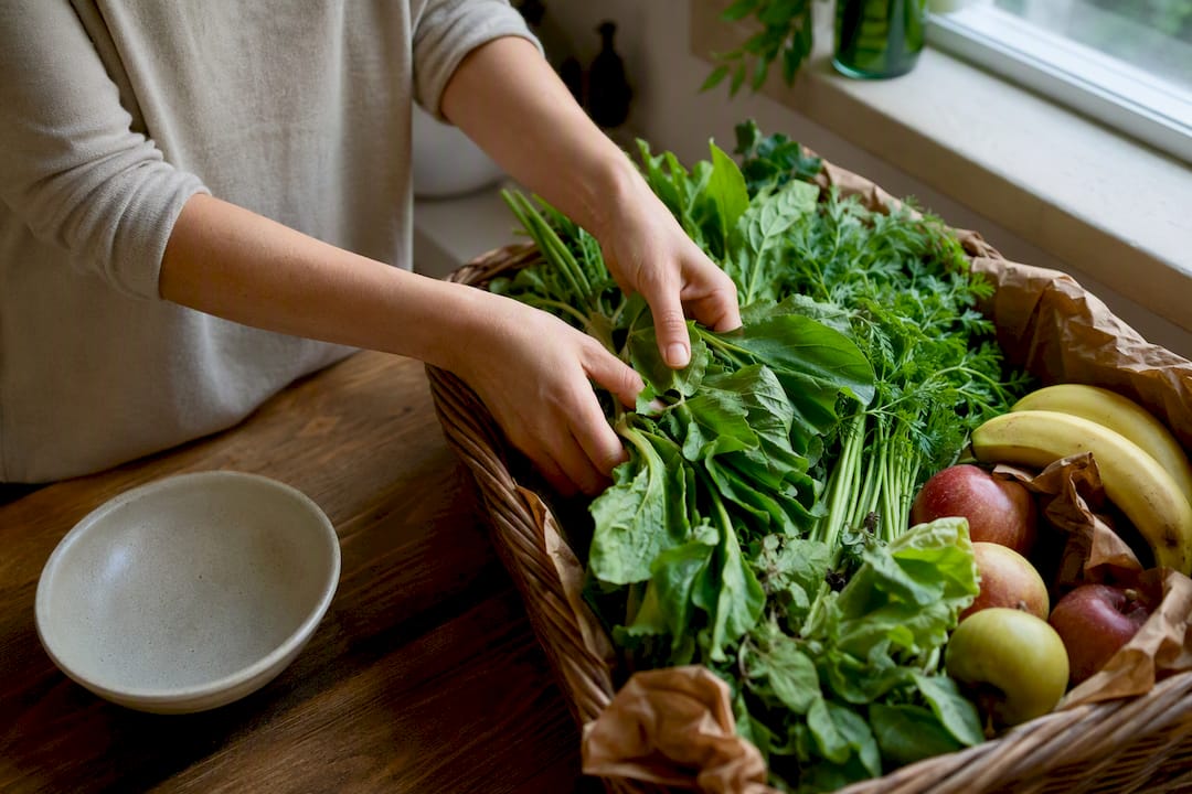 Hands separating ethylene sensitive vegetables