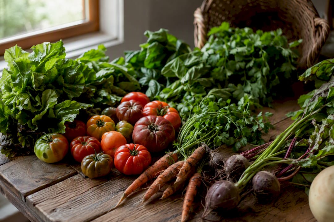 Organic seasonal local fruits and vegetables