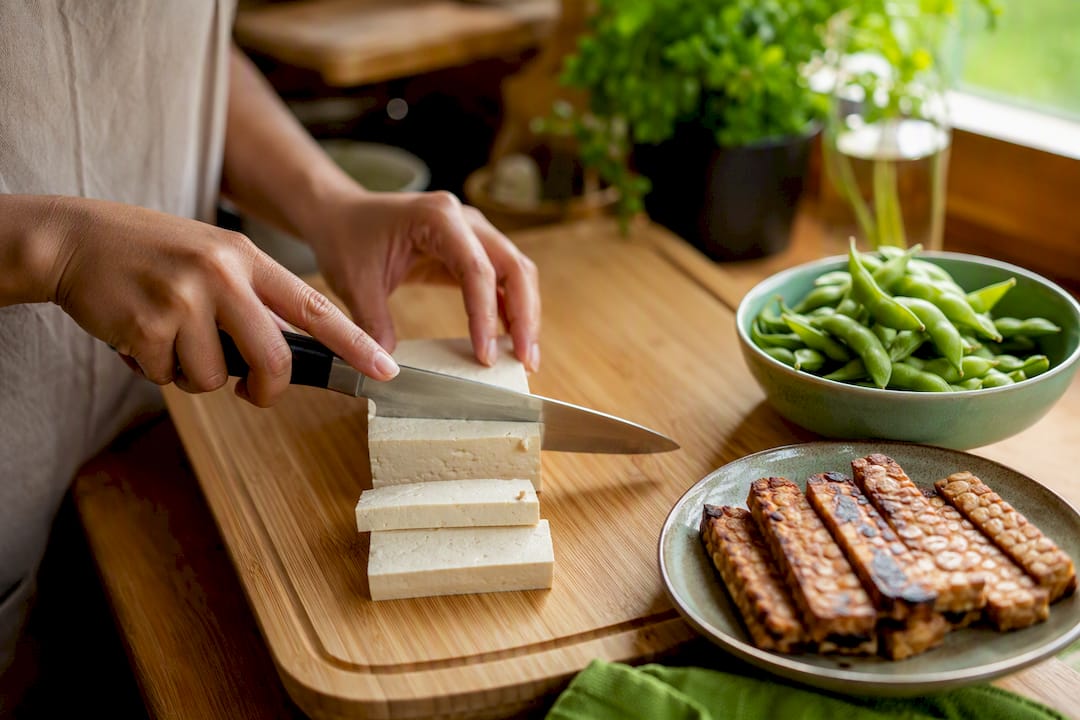 Hands slicing tofu with tempeh and edamame