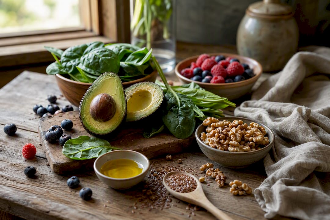Fresh heart-healthy vegan foods on table
