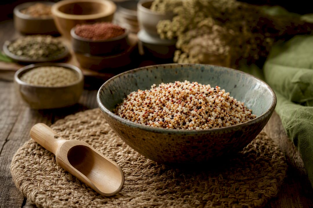 Bowl of cooked quinoa and amaranth grains