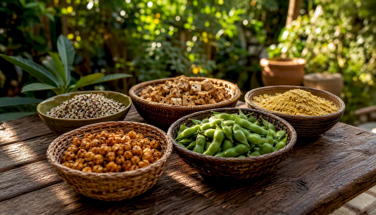 Assorted plant protein foods on rustic table