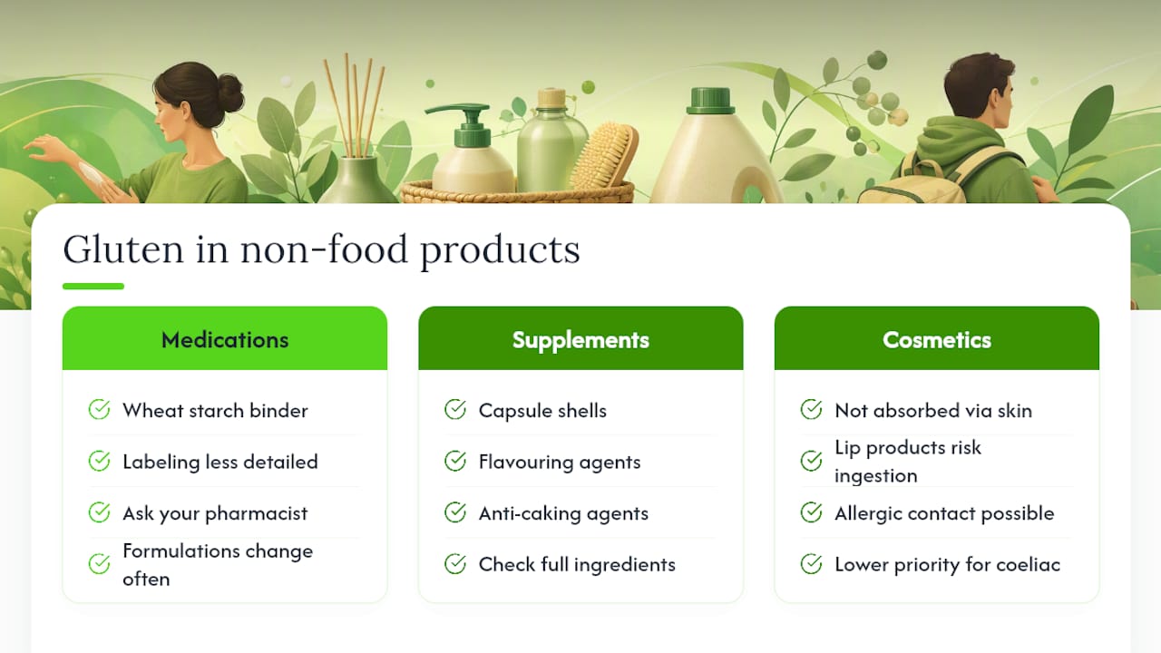 Gluten in non-food products: medications, supplements and cosmetics — overview diagram