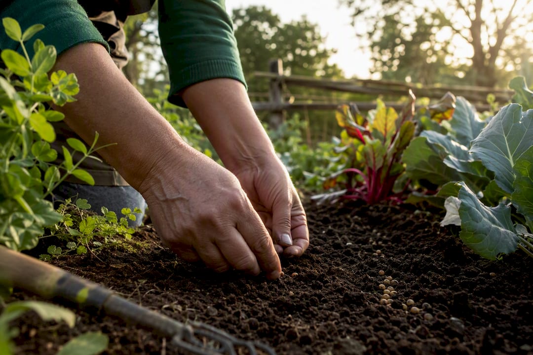 Hands planting seeds on sustainable farm
