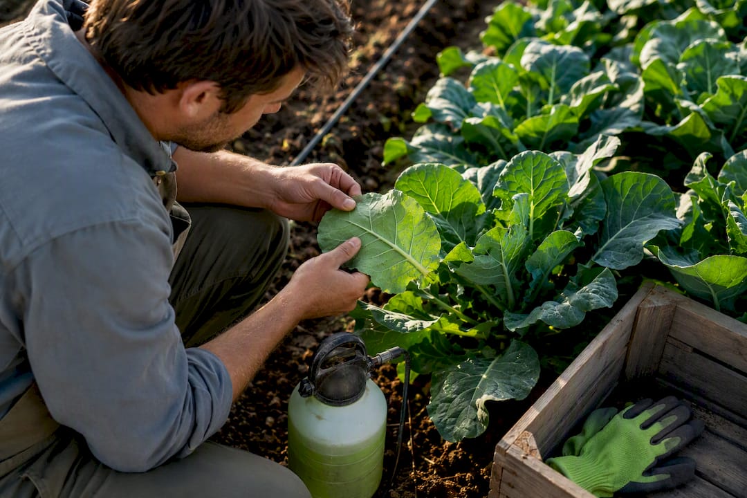Worker inspecting leaves in organic crop field