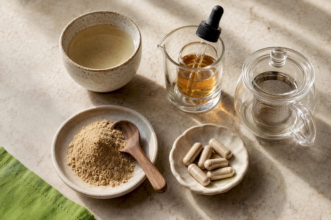 Different adaptogen supplement forms arranged neatly