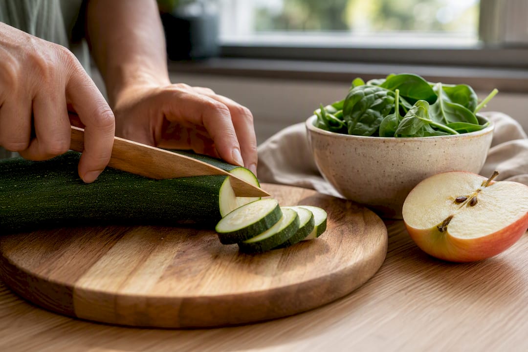 Fresh courgette apple and spinach preparation
