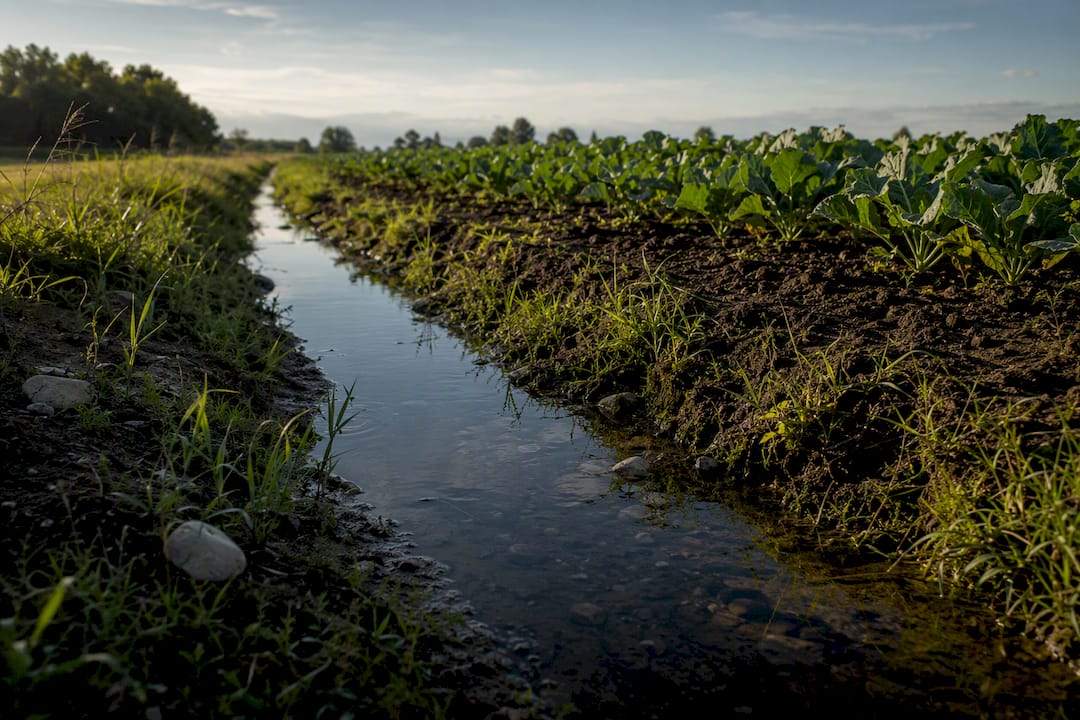 Drainage channel beside cultivated crop rows